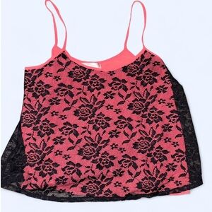 🌸 Floral Coral & Black Lace Overlay Women’s Cami Top - Size Medium